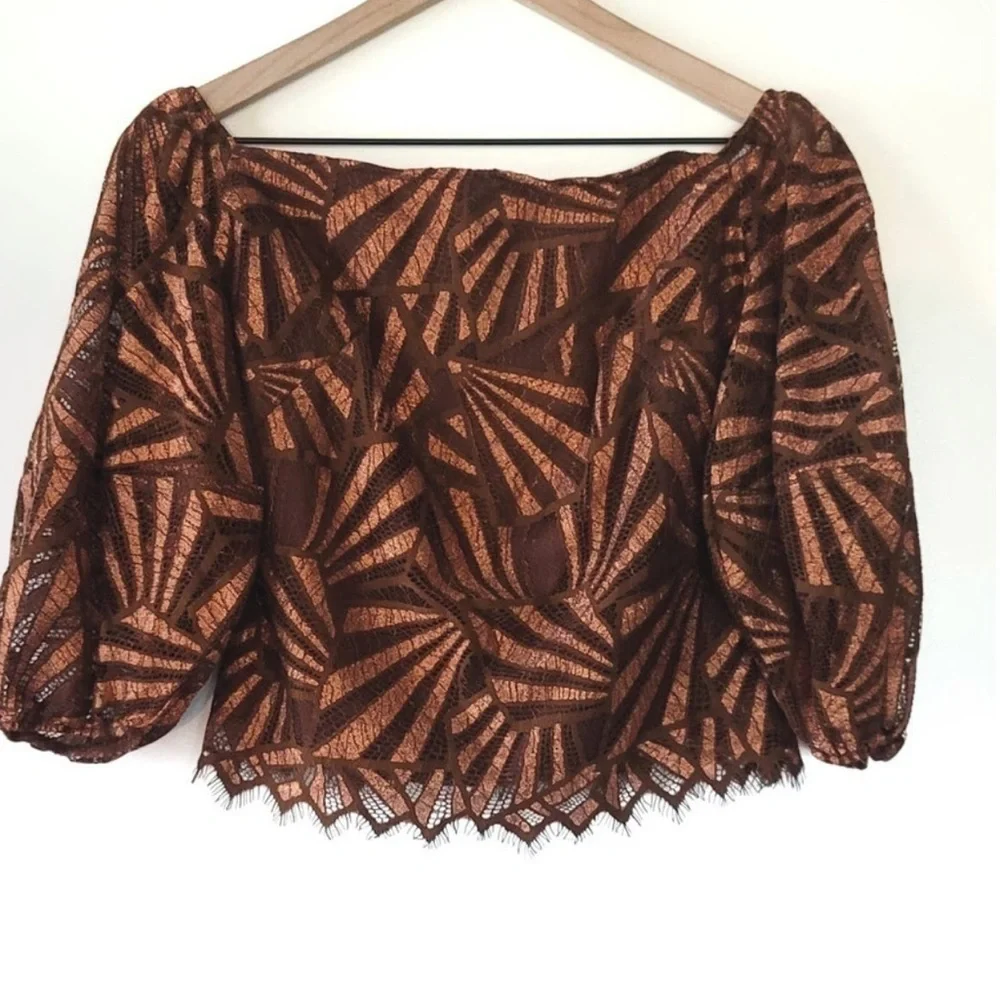 NEW Anthropologie Eva Franco Shine Animal Print Golden Lace Blouse - Size Large